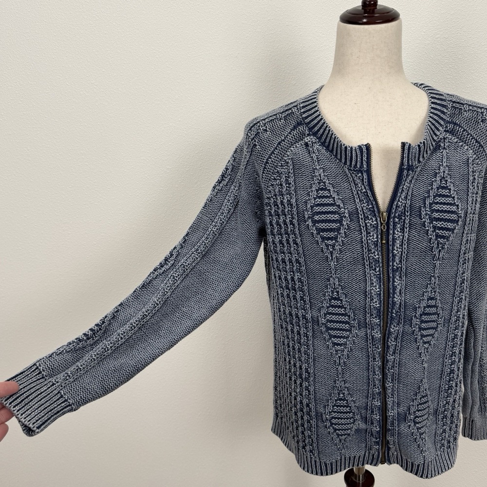 Womens Fisherman Knit Zip Front Sweater Blue Textured Coastal Cardigan Layering - Picture 4 of 13